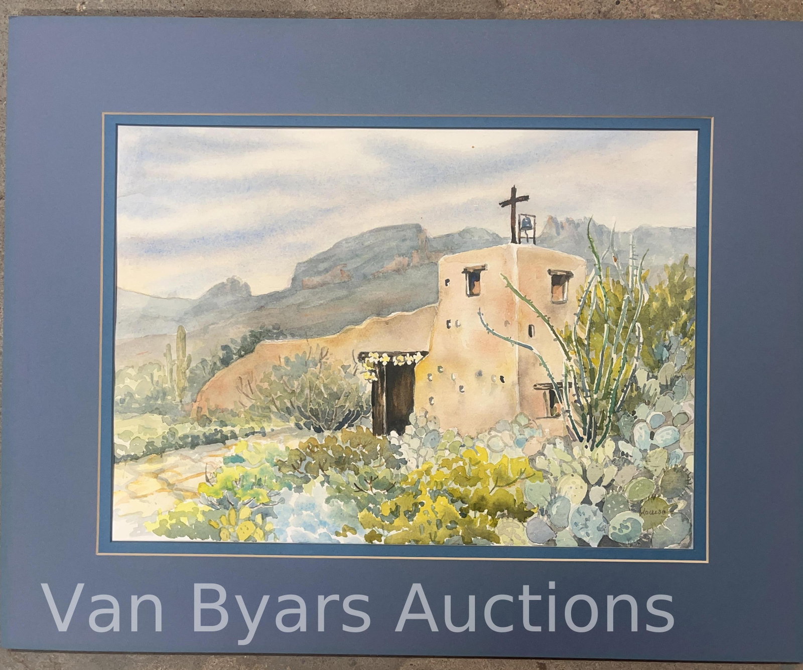 Signed Louise Fletcher "Chapel of Our Lady of Guadalupe" Watercolor, INV. 2311: Signed to lower right. Titled to verso of watercolor and to both sides of cardboard. Unframed. Mat approx. 15.5 x 19.75 inches.