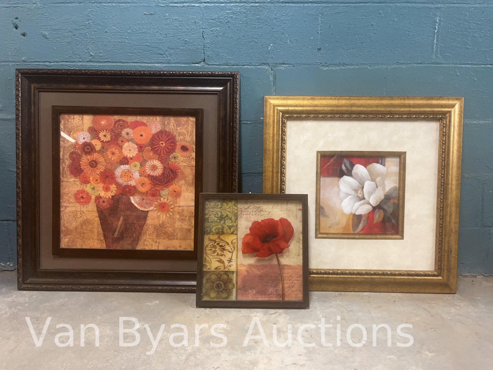 Three Floral Artworks, INV. 2255: Largest approx. 31.5 x 31.5 x 1.25 inches.