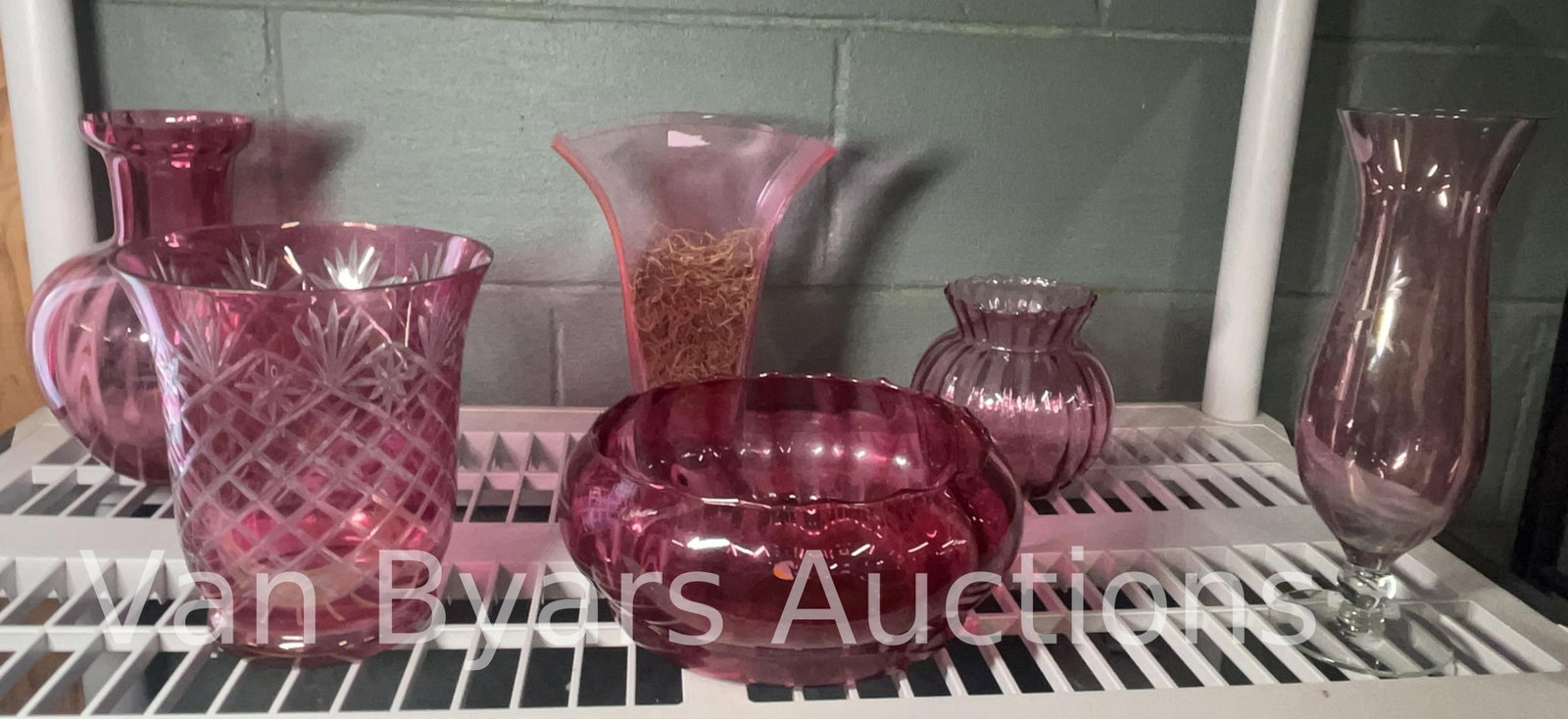 Assorted Cranberry Glassware, Various Patterns, INV, 2085: Approx. height of tallest item 10 1/4".