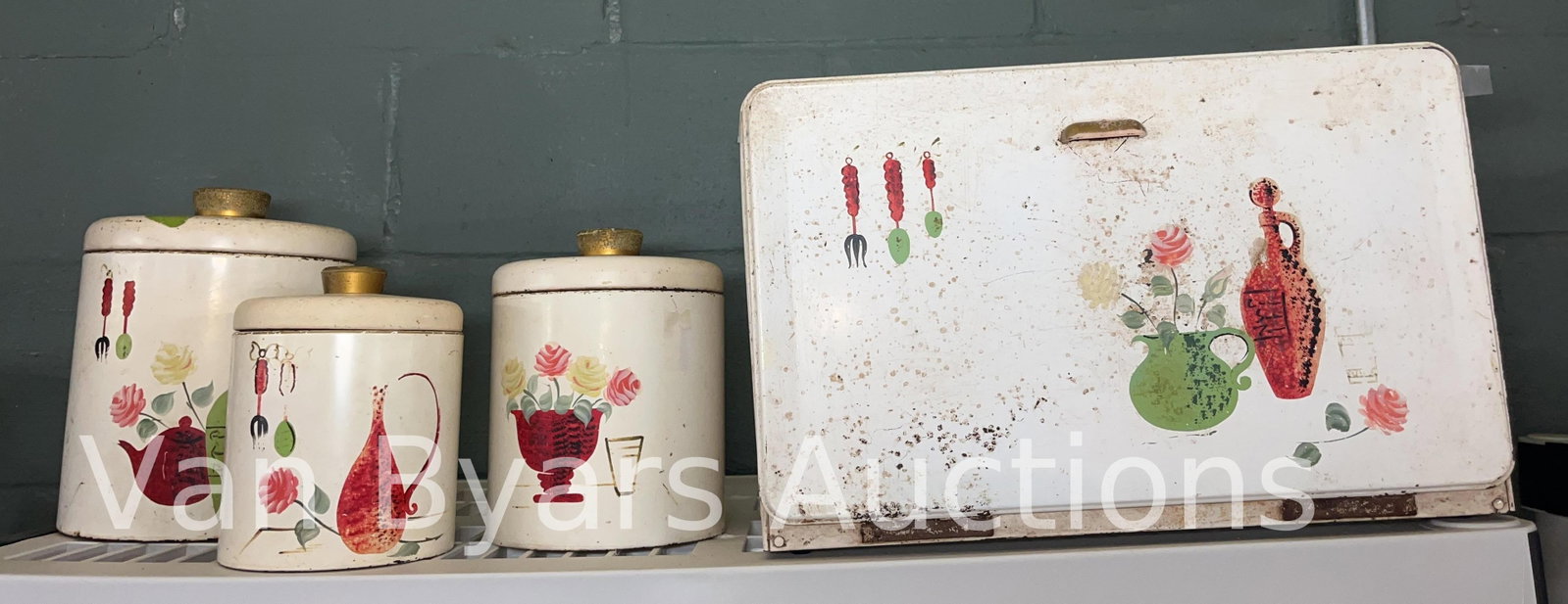 Ransburg Bread Box and Canister Set, Vintage, INV. 2064: Approx. height of tallest cannister 8 1/8". With marking.