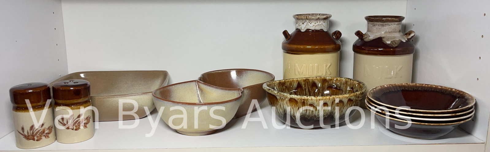 Assorted Brown Drip Glaze Stoneware incl. Frankoma Pottery, INV. 2056: Approx. height of milk jug 7". With marking.