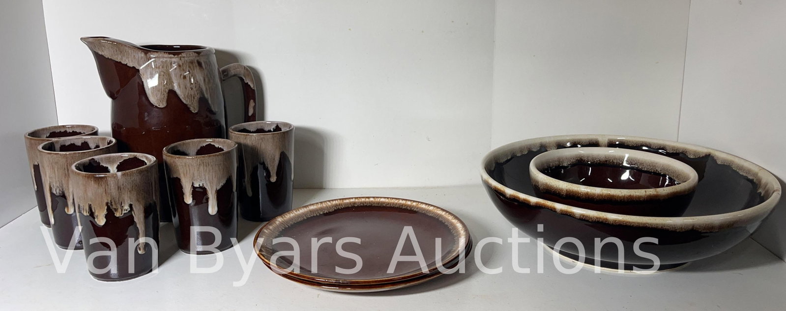 Brown Glazed Drip Pitcher with Matching Cups, and more, Vintage, INV. 2046: Approx. height of pitcher 7 3/8".