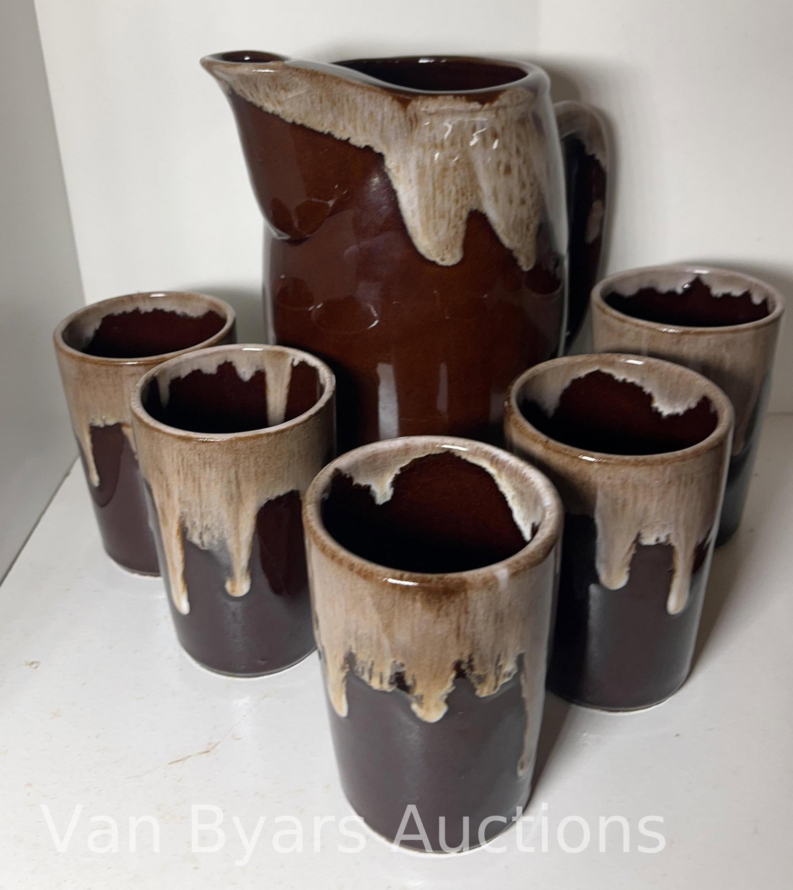 Brown Glazed Drip Pitcher with Matching Cups, and more, Vintage, INV. 2046 - 2