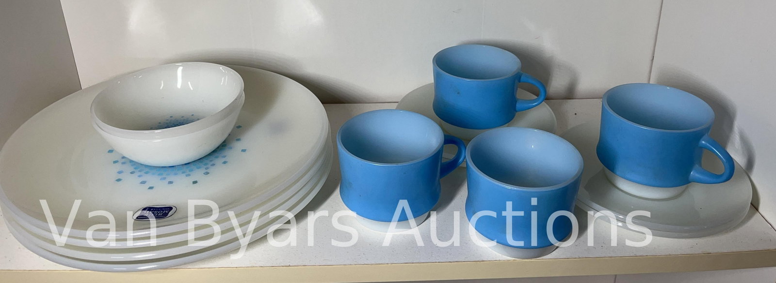 Anchor Hocking Fire-King Milk Glass Plates and Cups in Blue Mosaic Pattern, Vintage, INV. 2040: Approx. plate dia. 10".