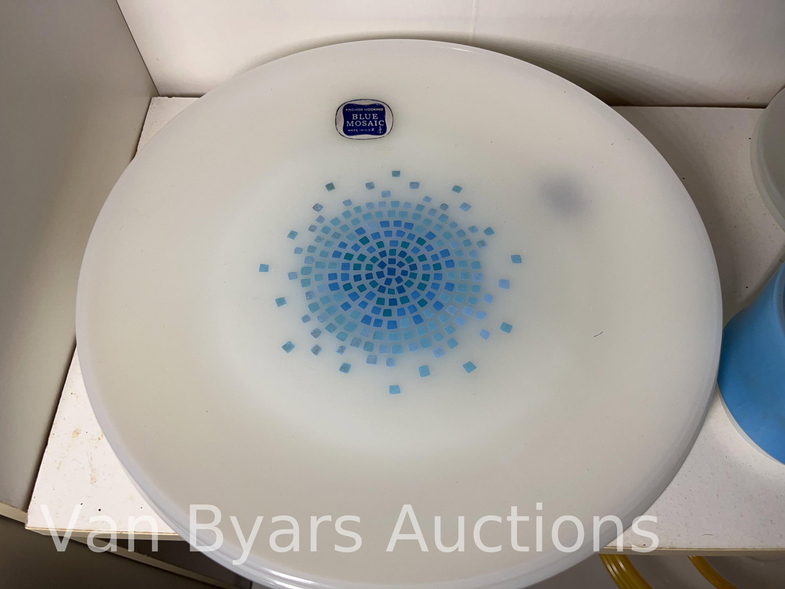Anchor Hocking Fire-King Milk Glass Plates and Cups in Blue Mosaic Pattern, Vintage, INV. 2040 - 2
