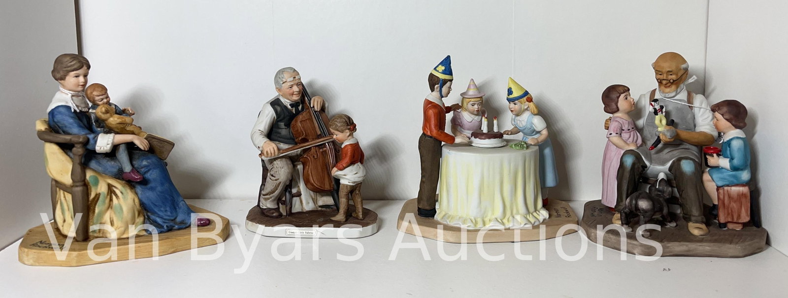 Normal Rockwell Figurine Americana Grouping, INV. 2038: Includes Bed Time, Birthday, and The Toy Maker, plus one additional. Tallest height approx. 6".