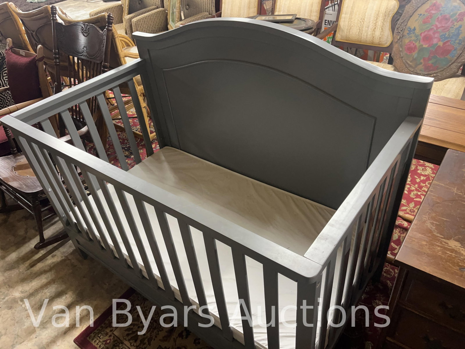 Baby Crib, INV. 4027: With mattress. Approx. 41.5 x 54.5 x 30 inches.
