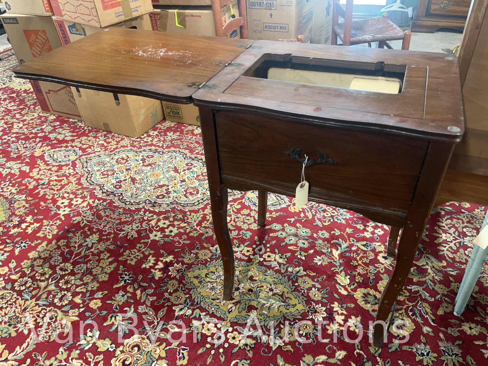 Vintage Sewing Machine, INV. 4016: Approx. with shelf open 30 x 43.5 x 17.5 inches.