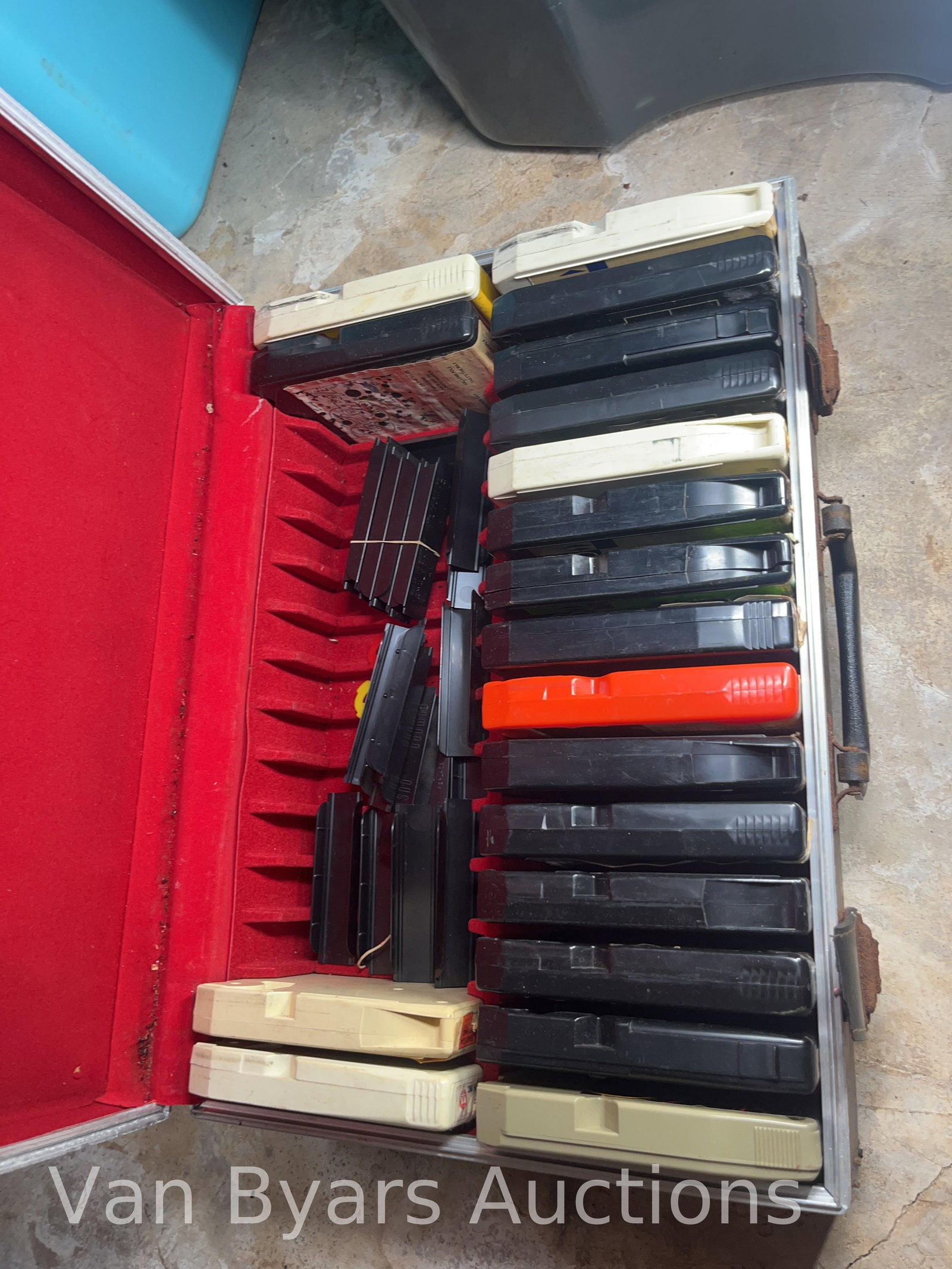 8-Track Cartridges and Case, INV. 2185: Case approx. 5.5 x 16.5 x 11.5 inches.