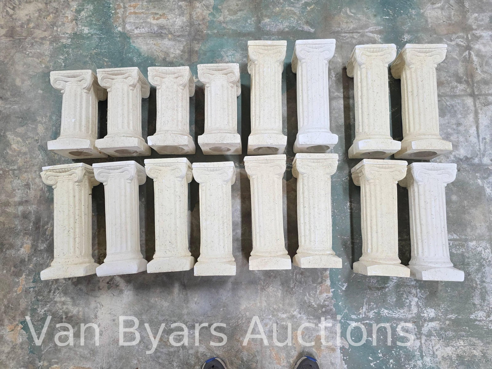 Ionic Style Greek Columns, INV. 4006: 16 pieces. With losses / chips. Largest 17 x 6.25 x 6.25 inches