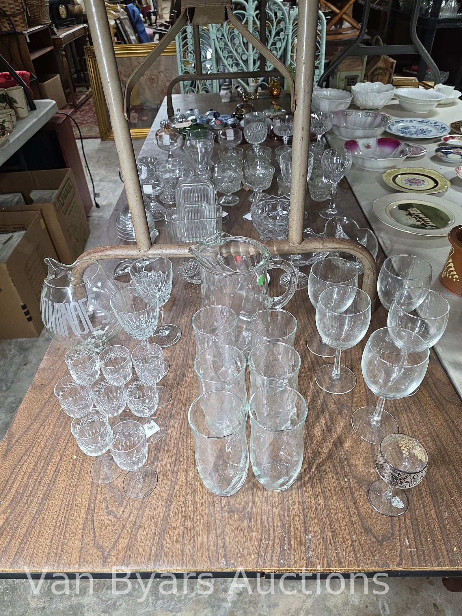 Clear glass stems, pitchers, competes and more. Including Heisey, INV. 2323 - 2