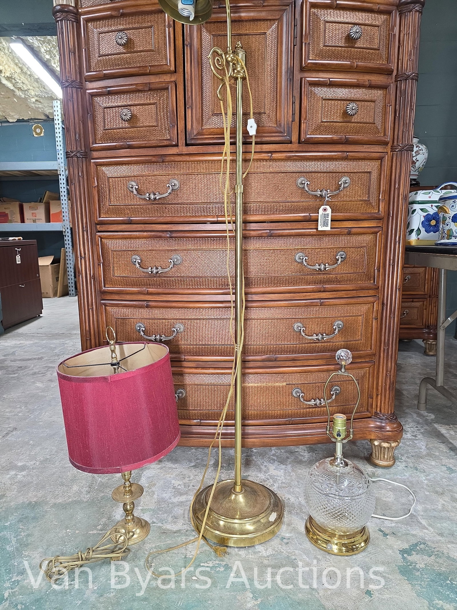 3 brass and glass lamps, INV. 2330: tallest 52.5 x 11 inches