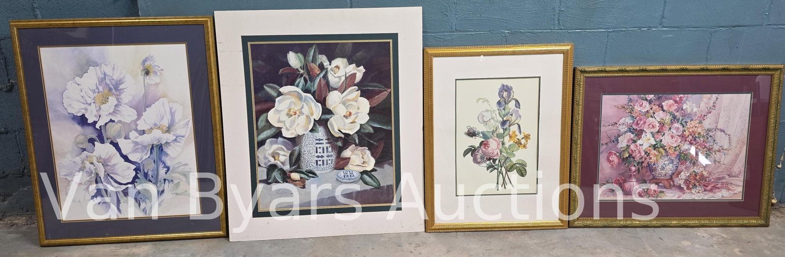 Four Floral Scenes, INV. 2153: Three framed, one unframed. Largest frame 36.25 x 30.25 inches