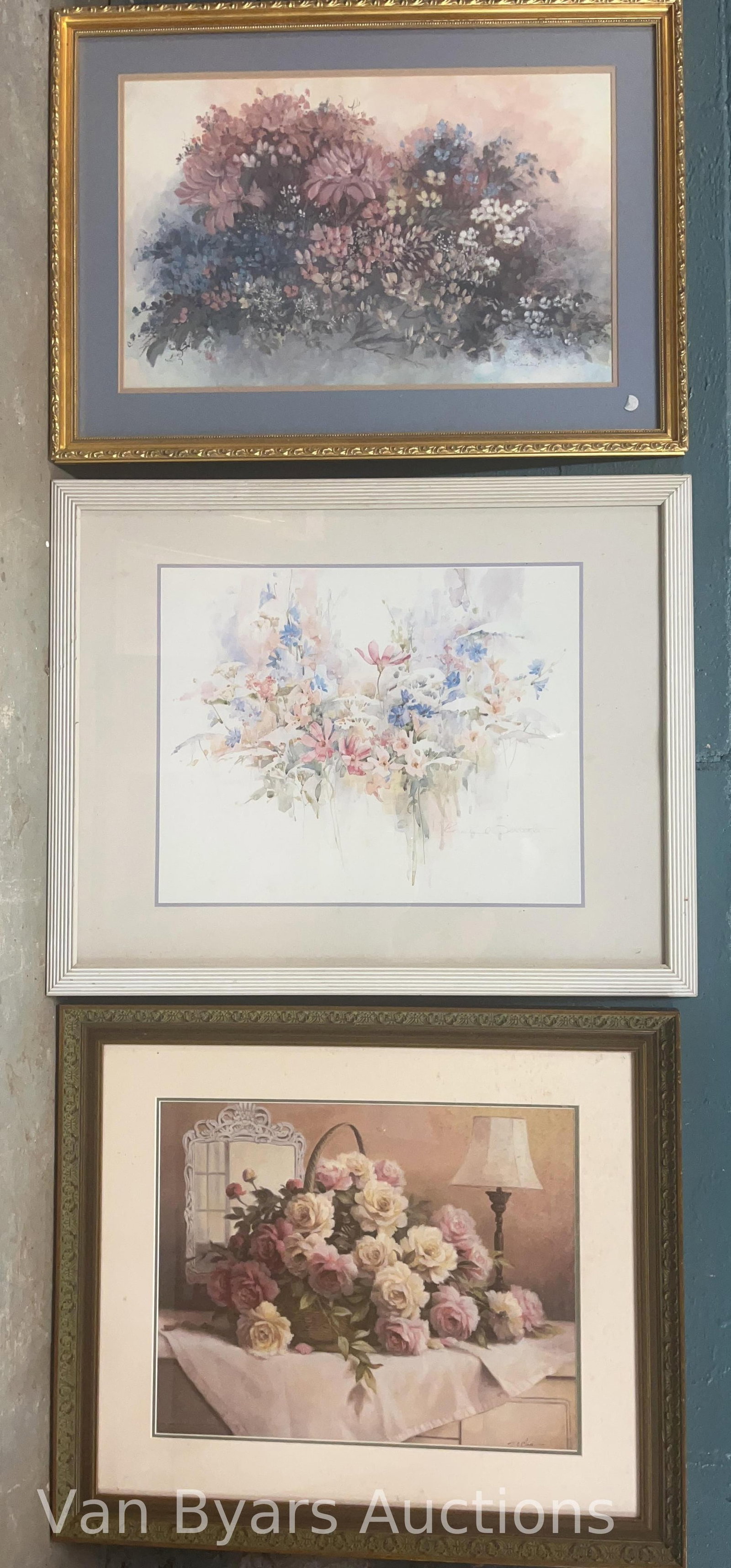 Three Floral Prints, INV. 2260: Largest approx. 25 x 31 x 1 inches.