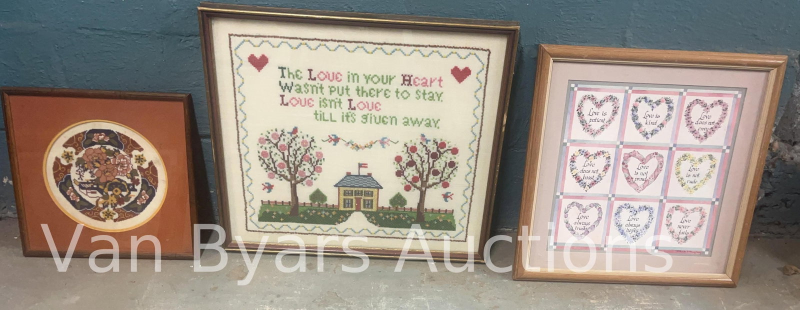 Three Framed Items, (one handsewn, INV. 2304: Largest approx. 18.75 x 21.5 x 1.75 inches.