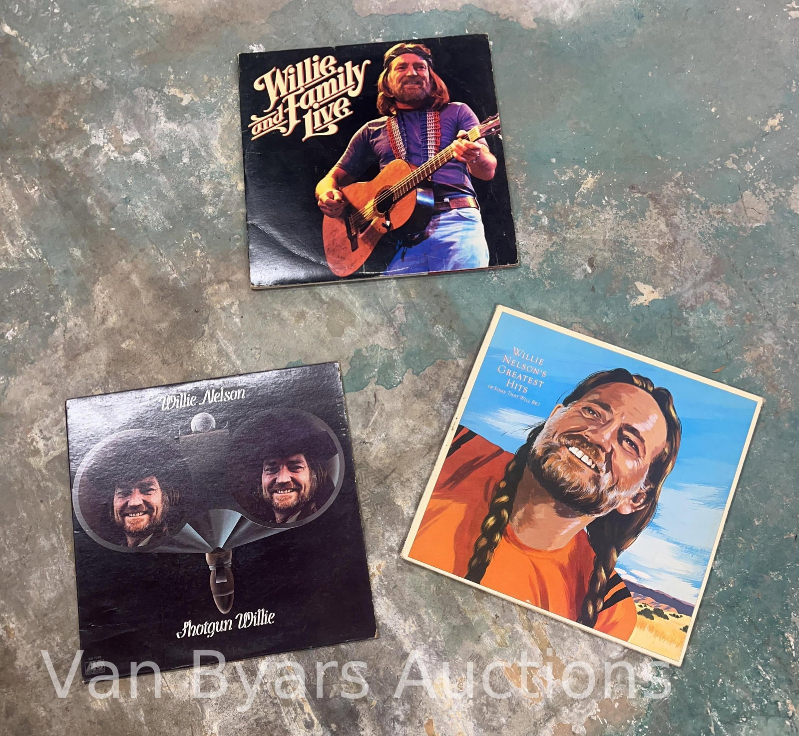 Three Willie Nelson Records, INV. 2175: All together 12.5 x 12.5 x 0.5 inches.