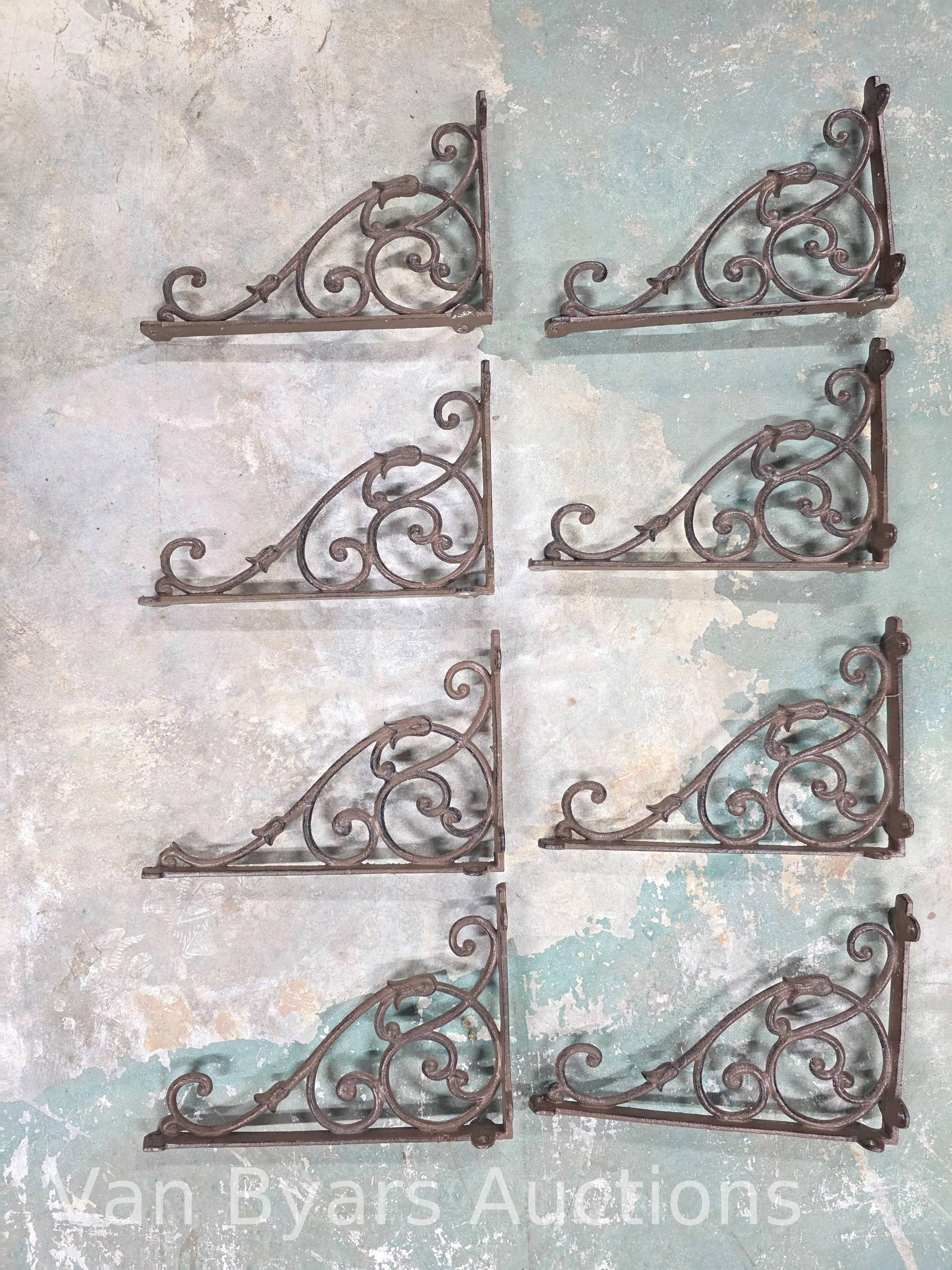 Cast Iron Shelf Brackets, INV. 4005: 8 pieces. Each 12 x 7.75 x 2 inches.
