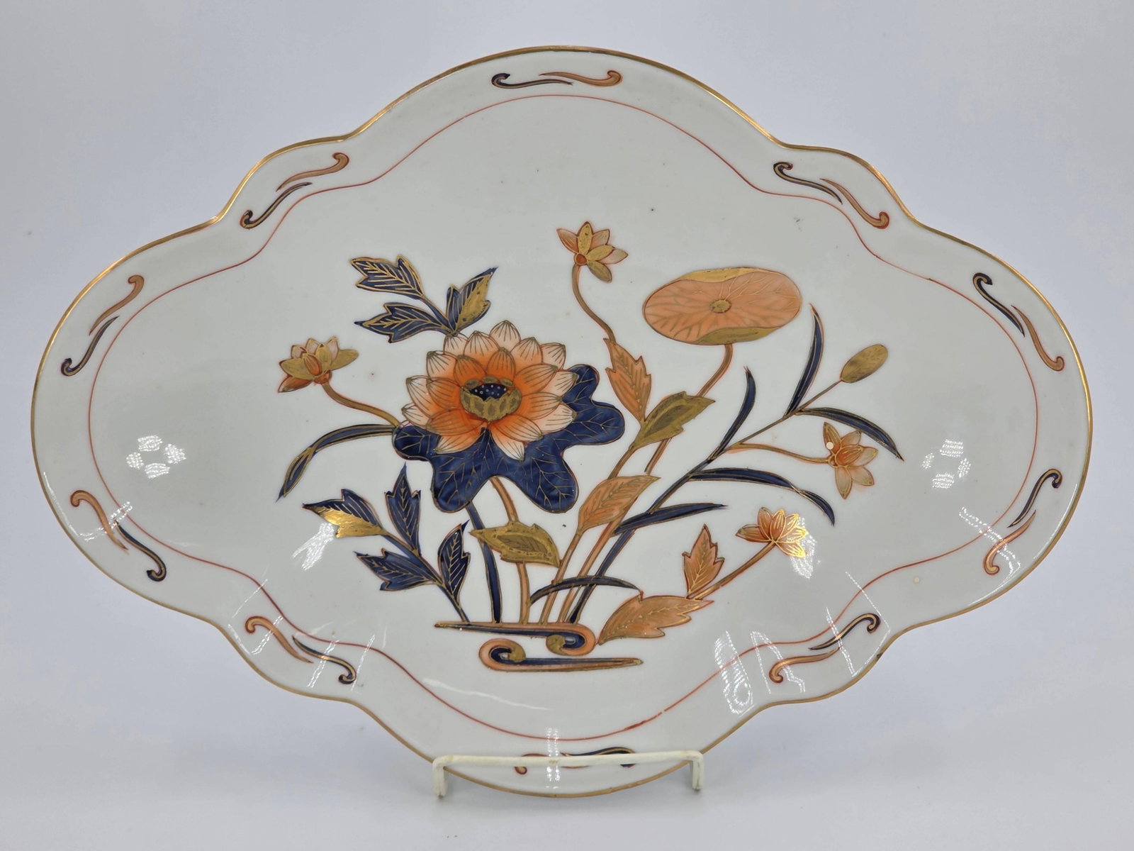 Andrea by Sadek Imari Style Dish with Scalloped Edge, INV. 1070: Inpainting to rim. 13 3/4" length, 2 3/4" height. With marking.