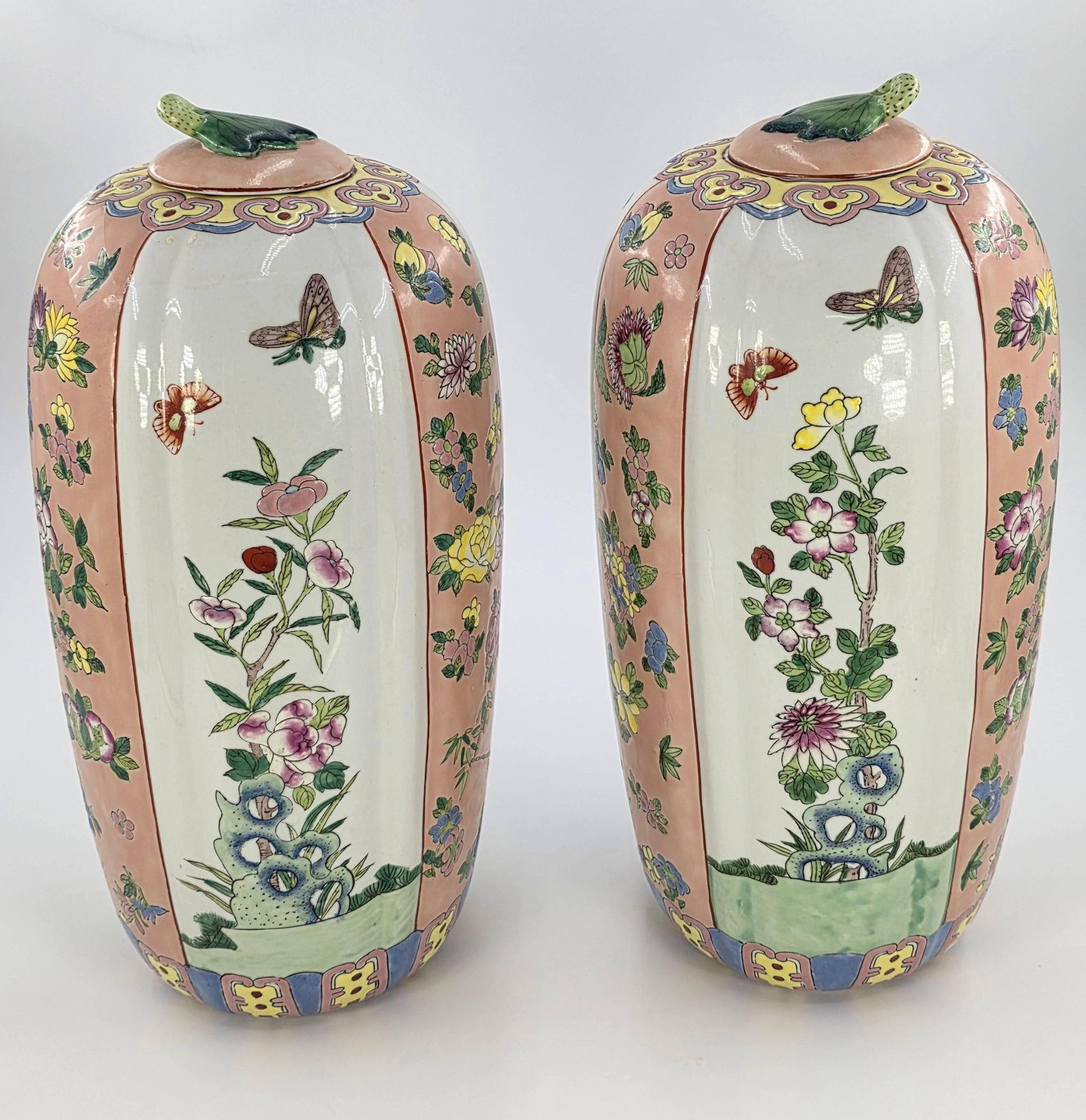 Pair of Chinese Famille Rose Porcelain Vases, INV. 1056: Approx. 15" height to top of lid.