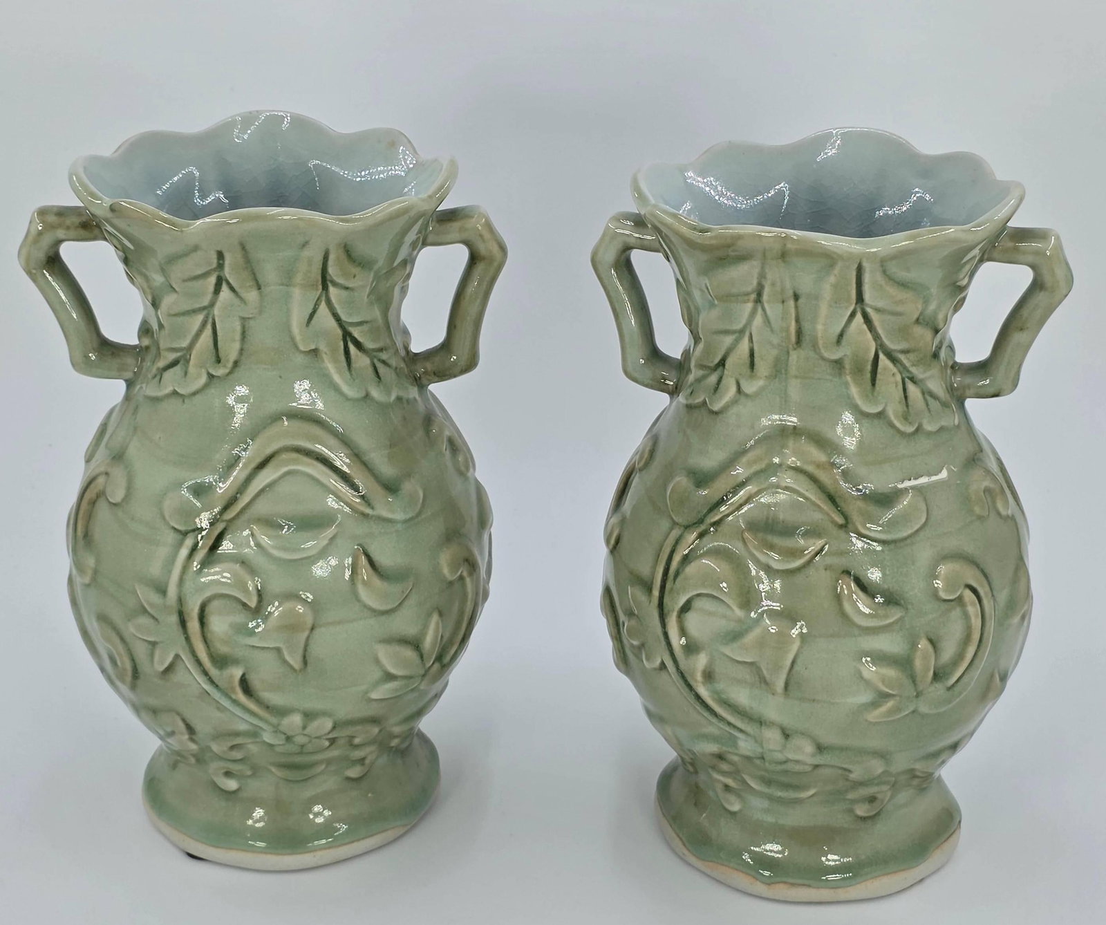Pair of Satsuma Style Mint Green Crackle Vases, INV. 1097: Approx. height 9 5/8".