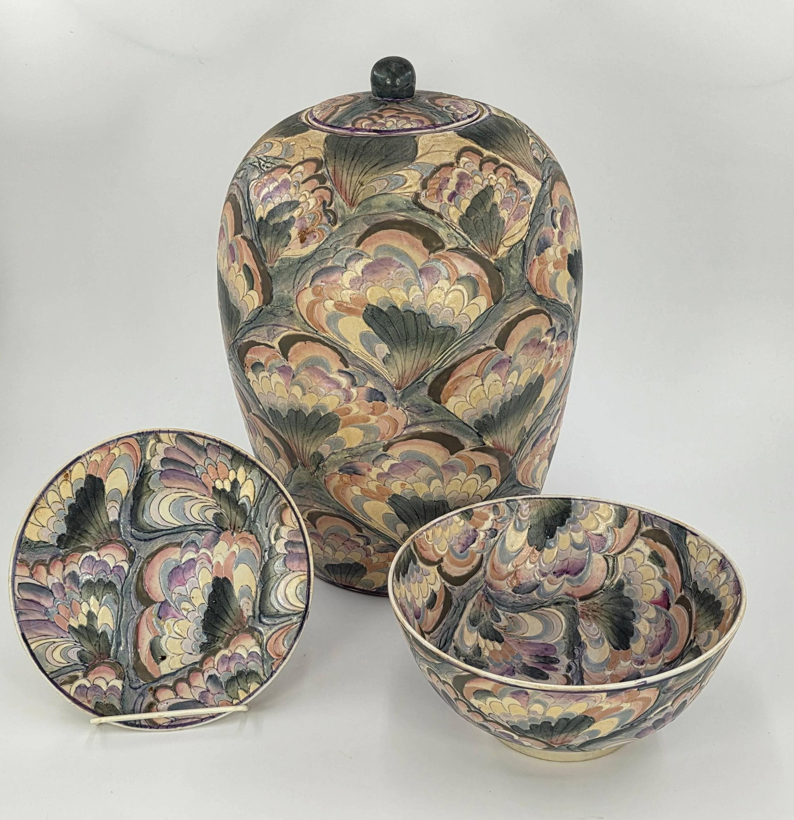 Set of Chinese Vase, Bowl and Plate, INV. 1096: Approx. vase height 14" to top of lid, 3 3/4" height of bowl, 8 1/8" dia. of bowl, 7 1/4" dia. of plate. All marked to bottom.