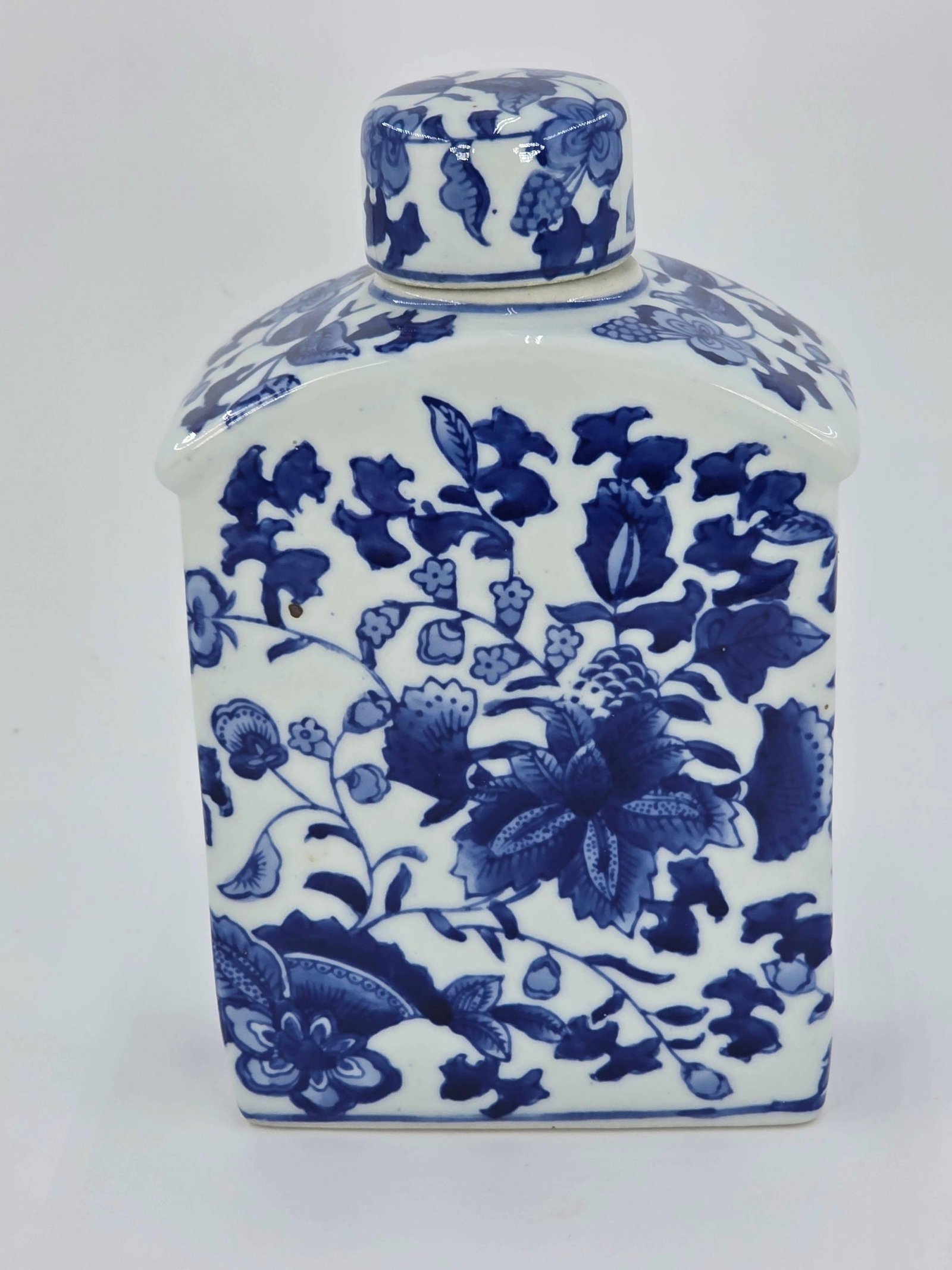 Blue and White Chinoiserie Tea Caddy, INV. 1084: Approx. 10 1/4" heigh to top of lid.