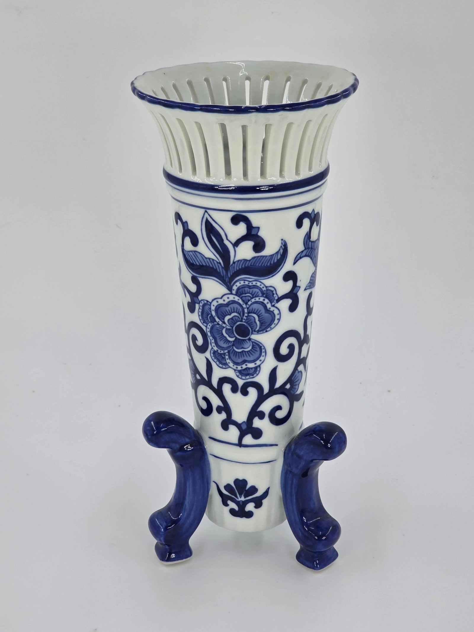 Blue and White Chinoiseries Footed Vase, INV. 1083: Approx. 12 1/4" height.
