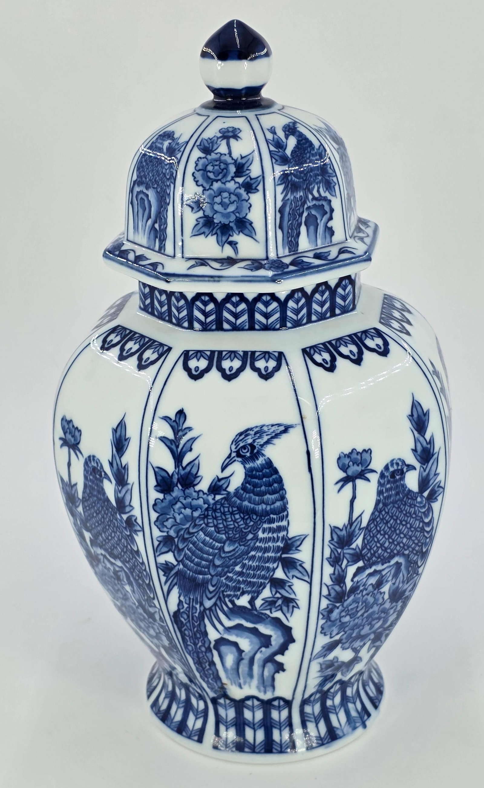Andrea by Sadek Japanese Porcelain Ginger Jar, INV. 1067: Blue and white to floral and bird design. Approx. 12" height to top of lid. With marking.