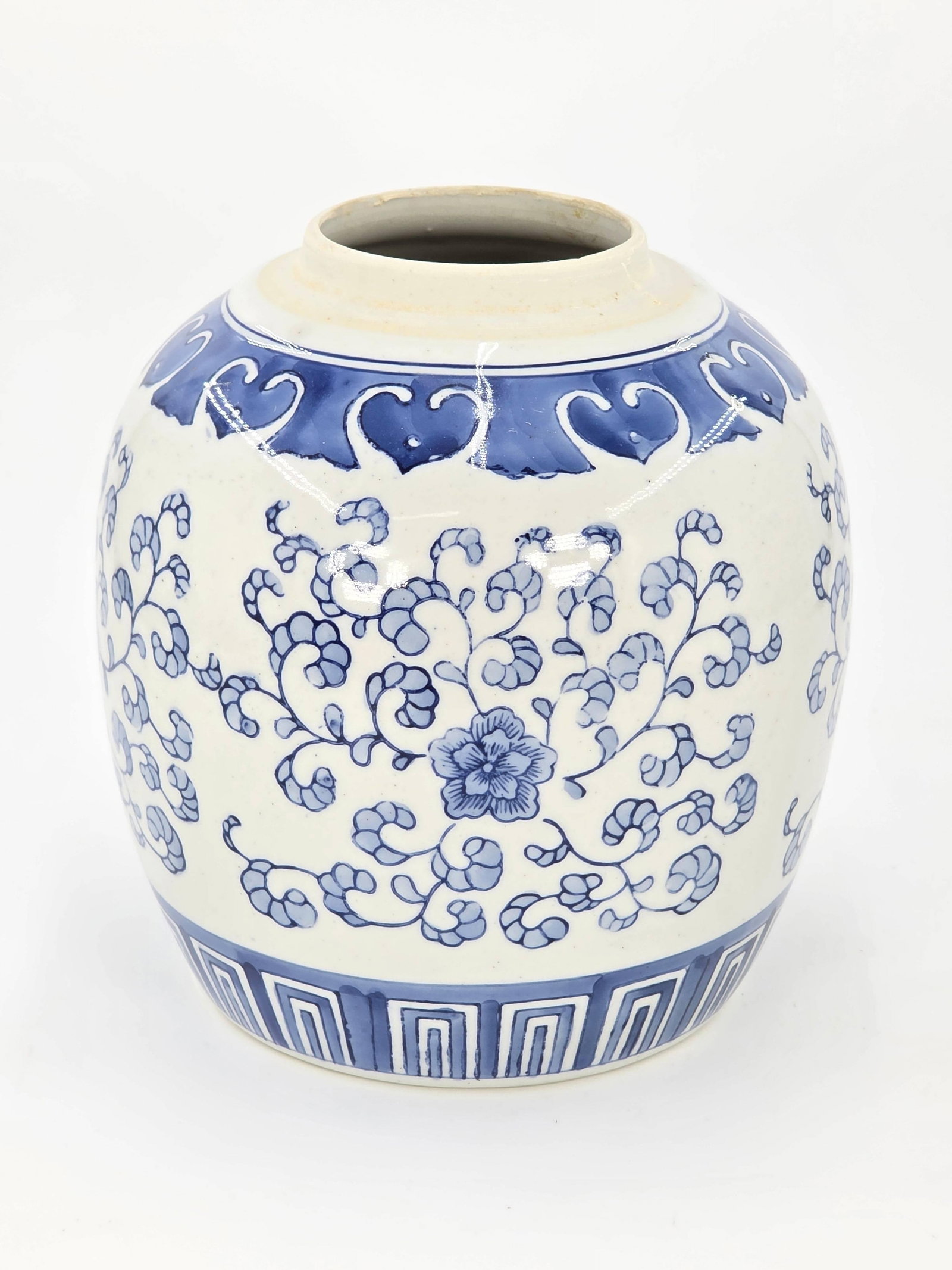 Chinoiserie Blue and White Ginger Jar, INV. 1307: Without lid. Approx. 8.5 x 7 x 7 inches.