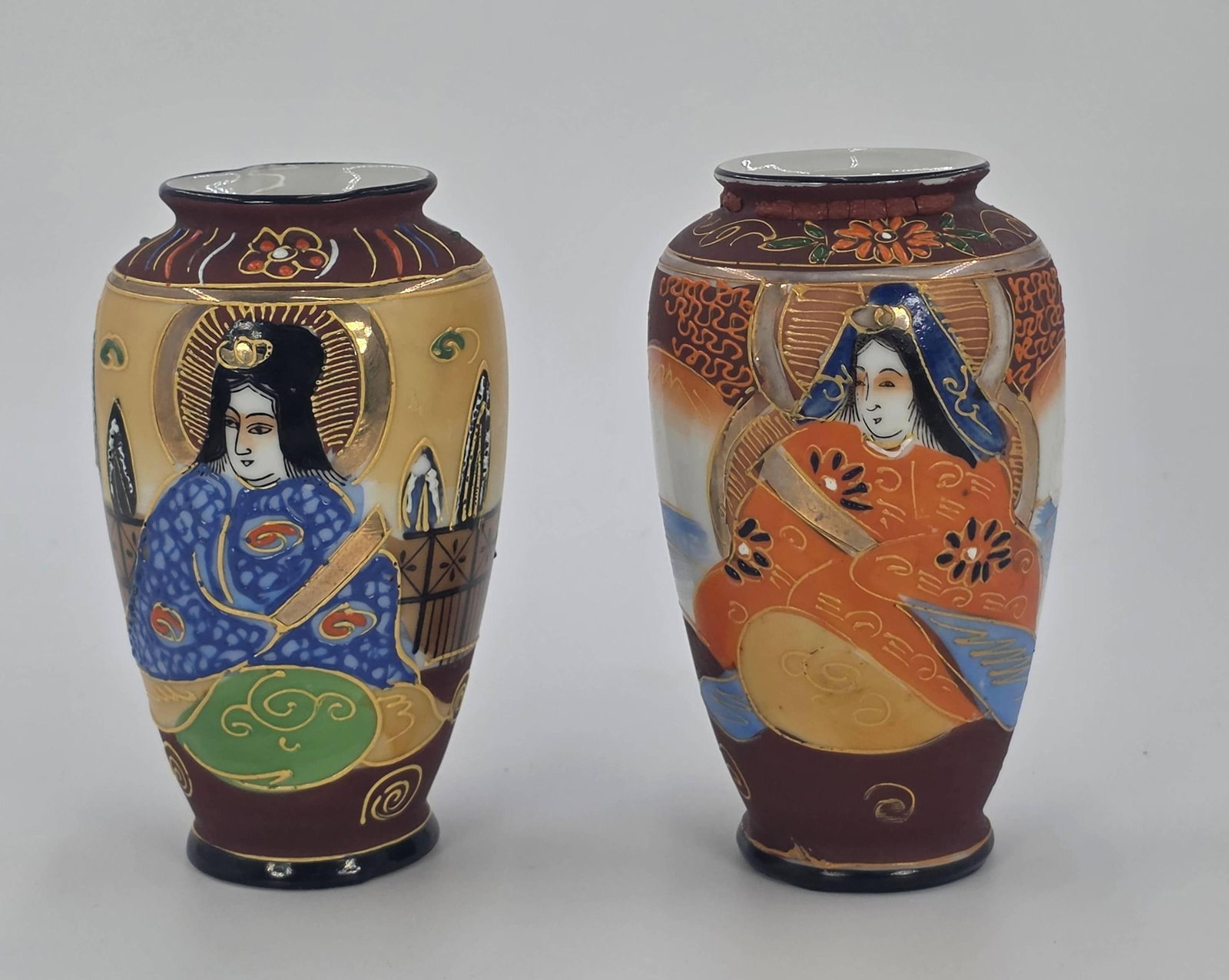 Pair of Japanese Satsuma Style Vases, INV. 1028: Approx. 5" height (both), With markings.