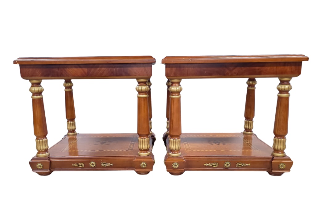 Pair of end tables with glass top, INV. 3000: 25" height, 27 5/8 square