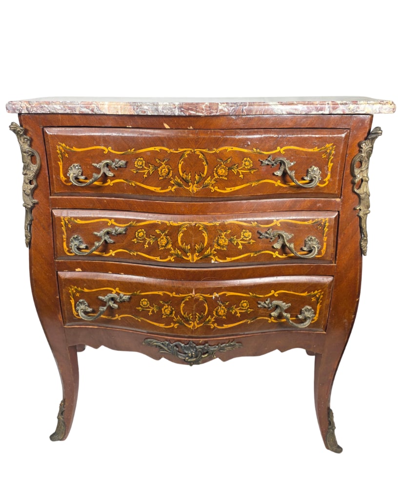 Louis XV Style Marble Top Commode, Marquetry Inlay and Ormolu Mounts, INV. 3055: Approx. 31 x 32 x 15.5 inches
