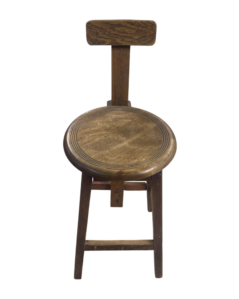 Vintage Oak Stool or Drafting Chair, INV. 3050: Approx. 34 x 15 x 15 inches.