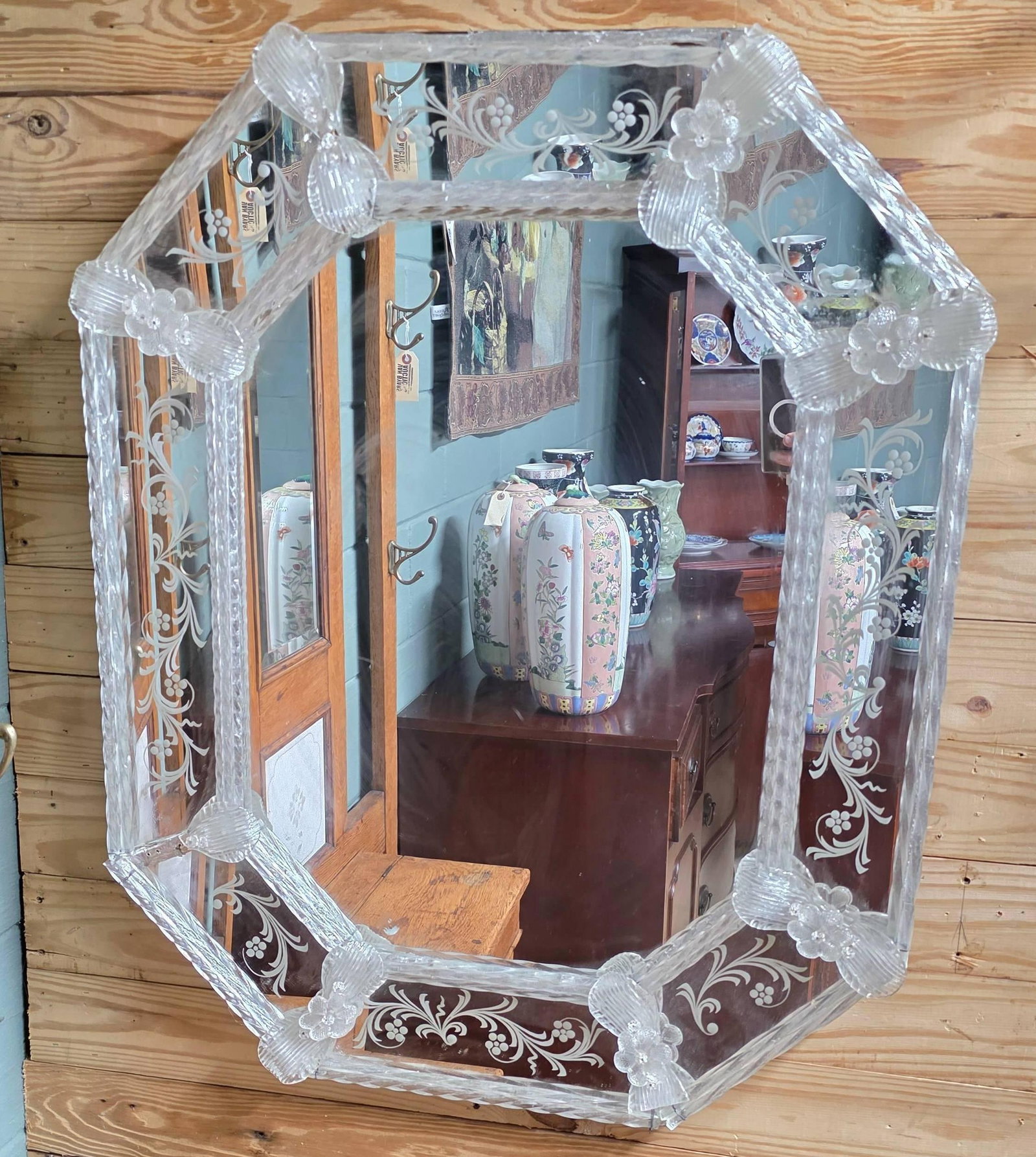 Venetian Mirror, Vintage, INV. 1272: Possibly Mid-Century. Missing one piece of the exterior border at the top. Approx. 32 x 25.5 x 1.75 inches.