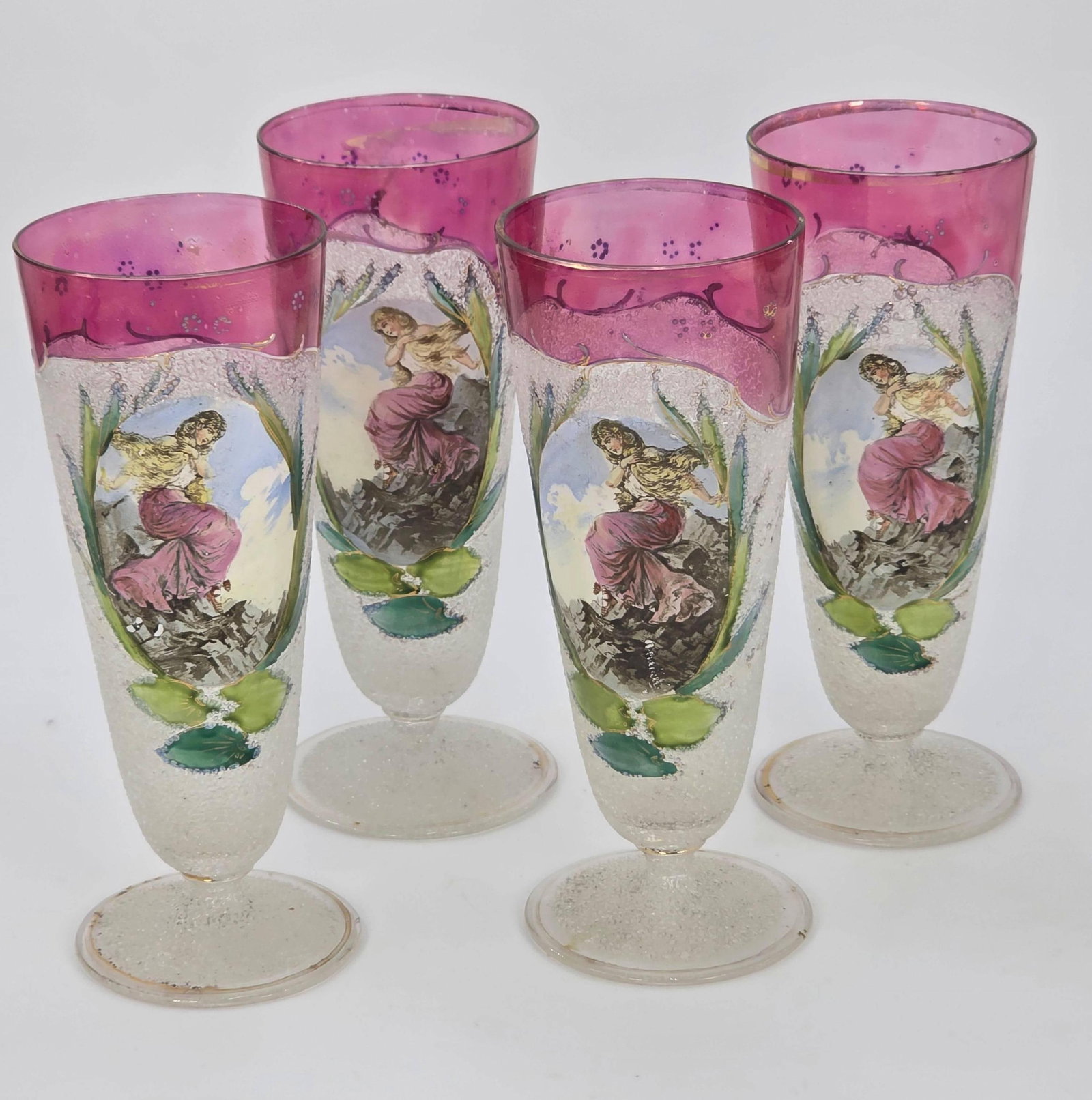 4 Antique Bohemian glass footed glasses, INV. 1314: Height 7.5 inches.