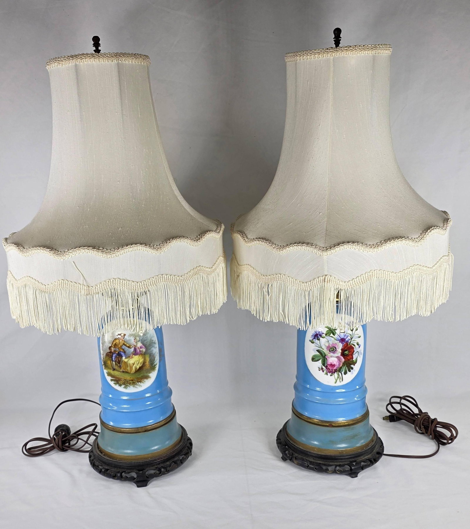Pair of Paris Lamps with Original Lampshades, Vintage, INV. 1156: Height to top approx. 29" to top of finial. One with hole to vase.