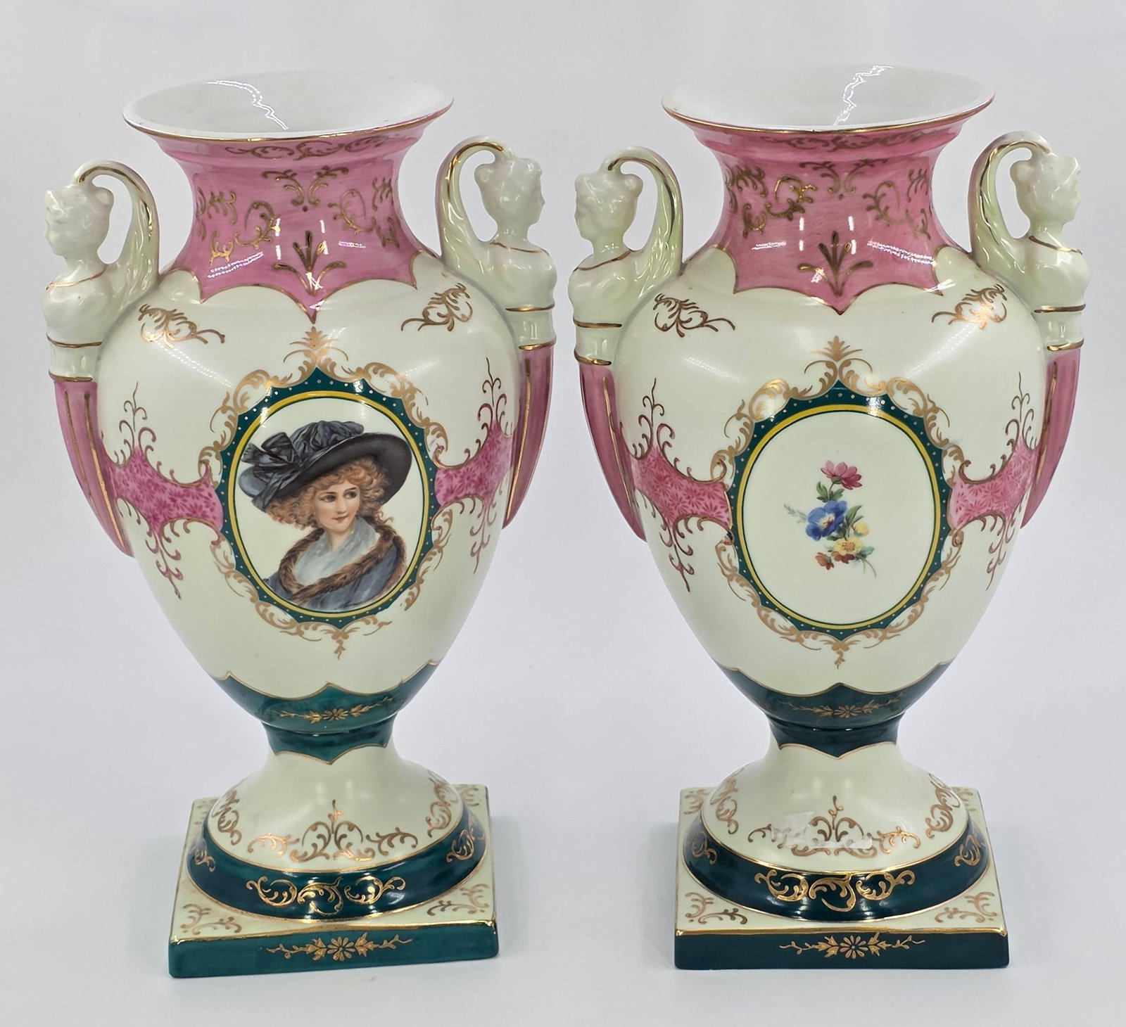 Royal Vienna Style Porcelain Pair of Portrait Vases with Beehive mark, INV. 1155: Beehive mark to bottom of each.