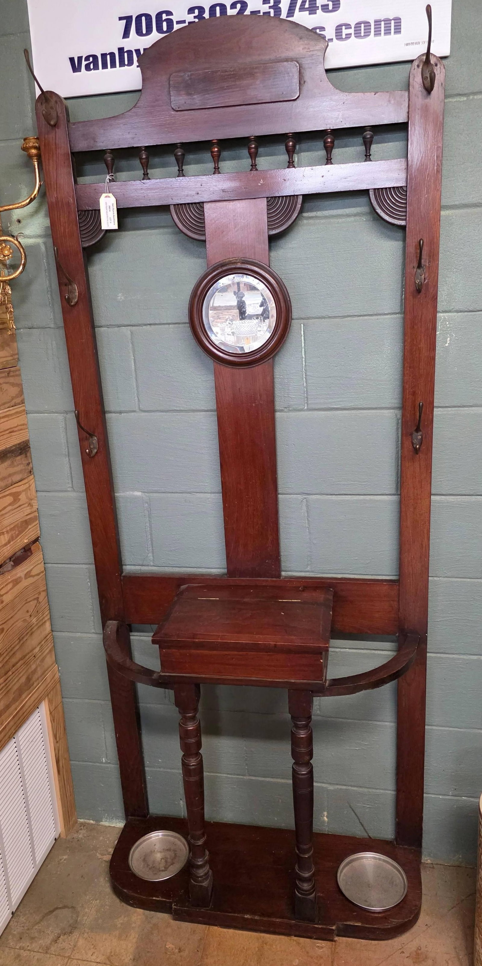 Walnut Hall Tree with Mirror, Vintage, INV. 3019: Approx. 80 x 32.25 x 11.25 inches.