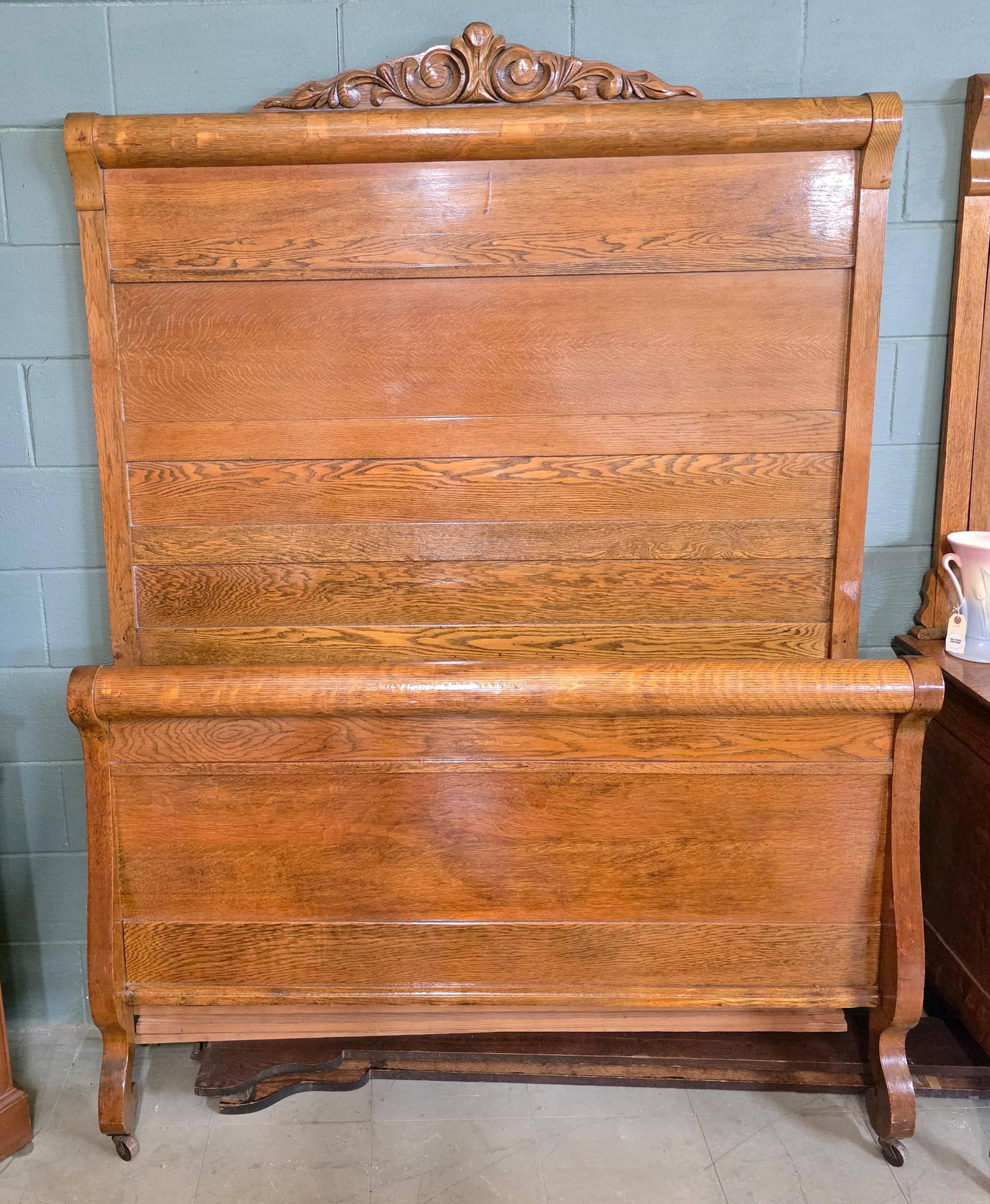 Vintage Oak High Back Full Bed with Wooden Rails, INV. 3024: Seller has built a platform that allows this bed to hold a queen size mattress. Approx. 78.5 x 56.25 inches.