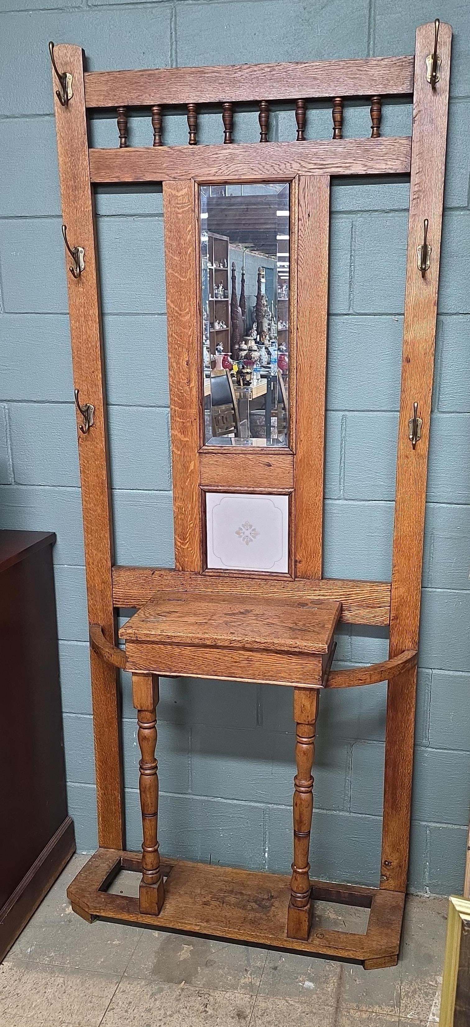 Oak Hall Tree with Mirror, Vintage, INV. 3018: Approx. 77.5 x 32 x 11 inches.