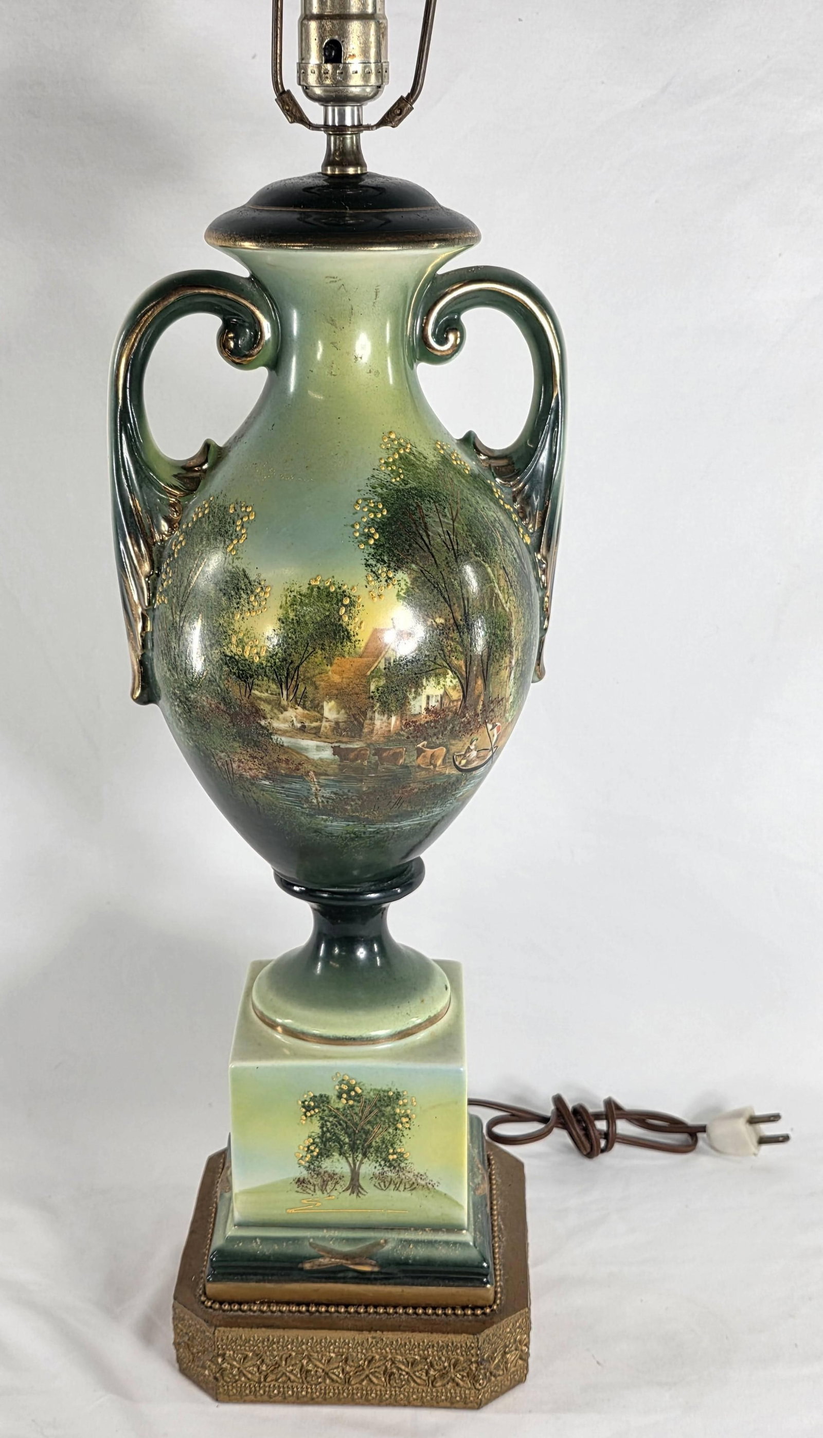 Twin Handled Vase mounted as a Lamp, Vintage, INV. 1160: Pastoral scene. Approx. height to top of vase 20 1/4".