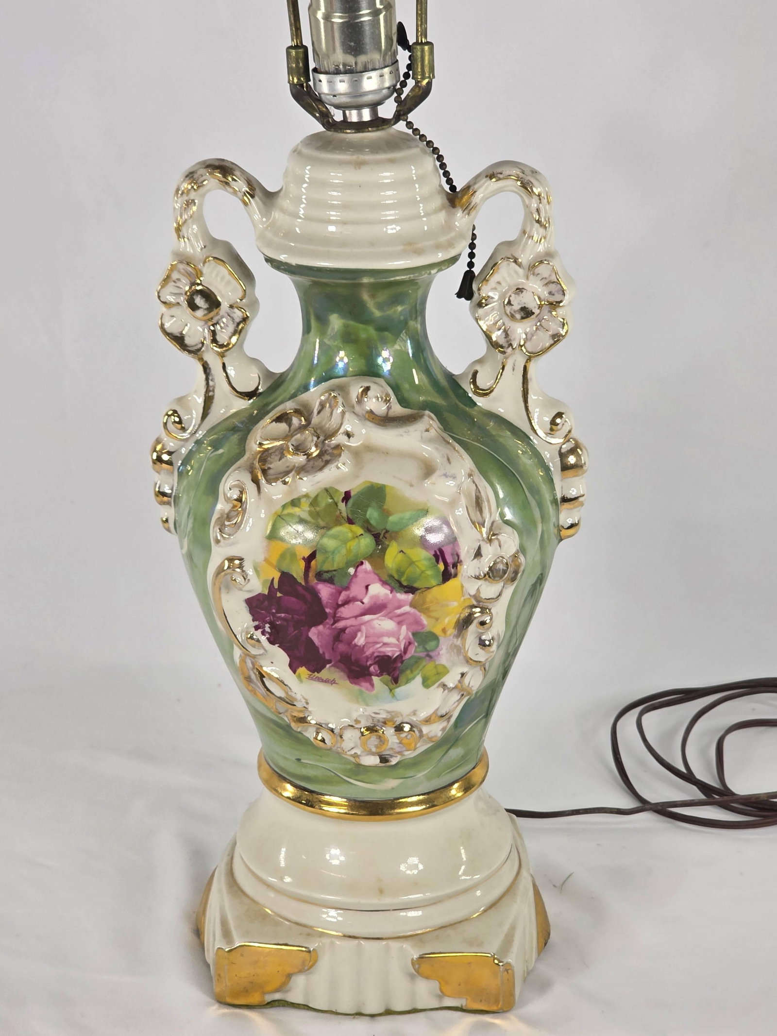 Victorian Style Vase mounted as a Lamp, Vintage, INV. 1161: Floral design with floral handles. Approx. height to top of vase 14 1/4".