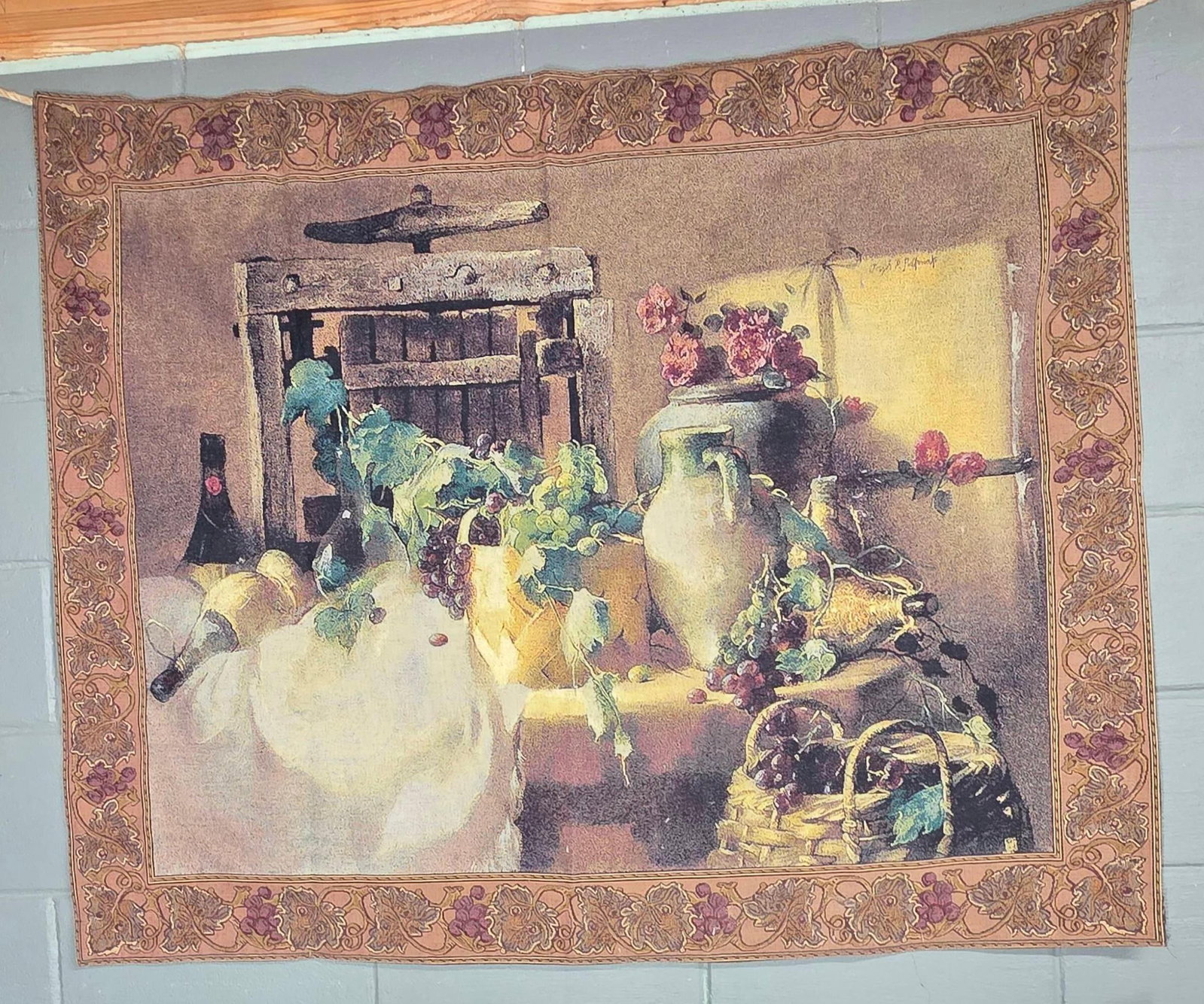 Italian style Still Life and Wine Scene Tapestry, INV. 1271: Approx. 41 x 51 inches.