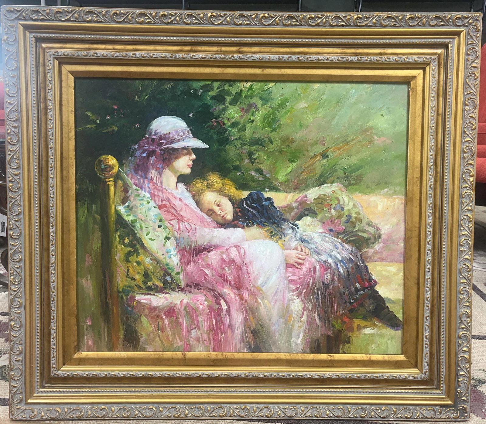 Figural Spring artwork on canvas, INV. 1262: Apparently unsigned. Frame 28.25 x 32.25. x 1.5 inches