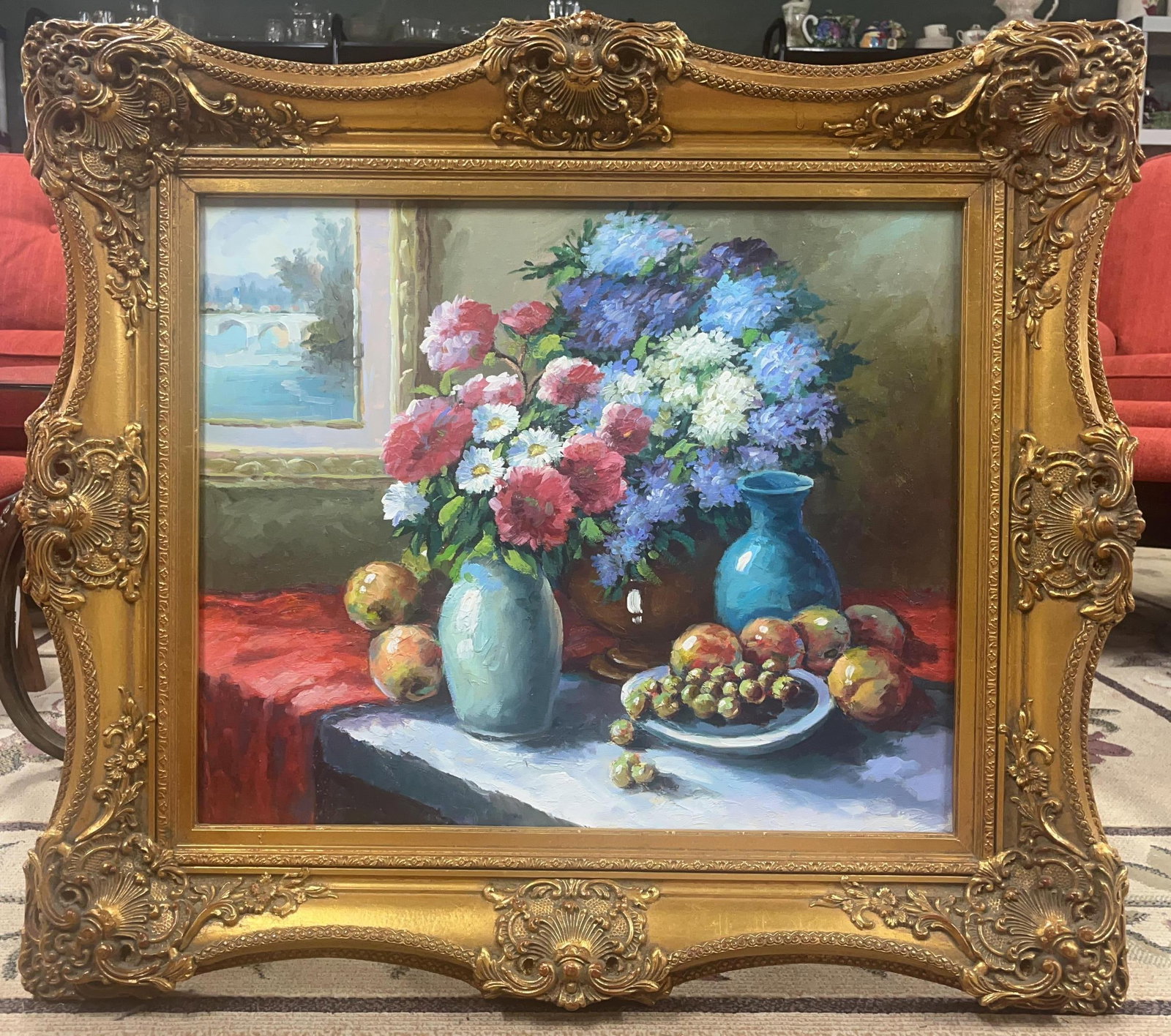 Still Life on Canvas: Apparently unsigned. Frame 30.75 x 34.5x 3 inches.