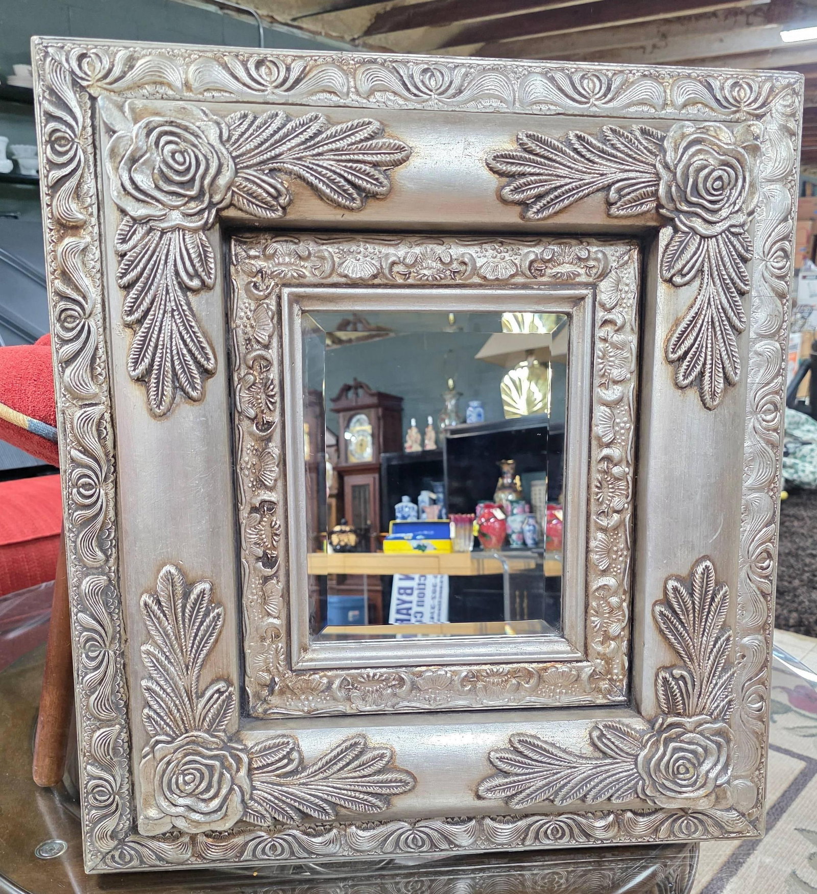 Ornate Silver Frame with Mirror, INV 1269: Frame 22.25 x 20.25 x 2.5 inches