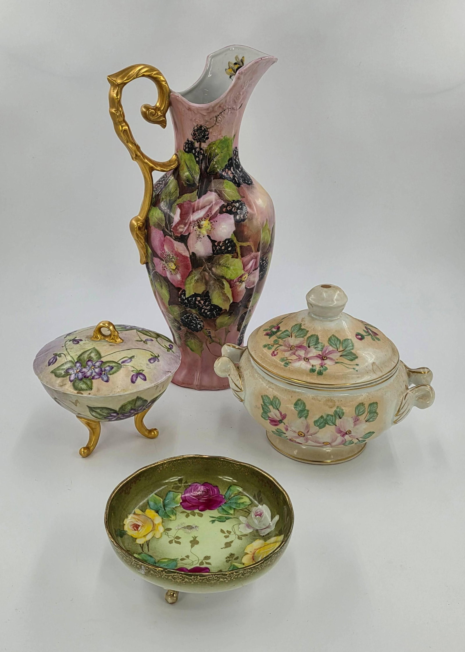 4 Assorted Hand Painted Items, INV. 1196: Approx. height of pitcher 14". With marking.