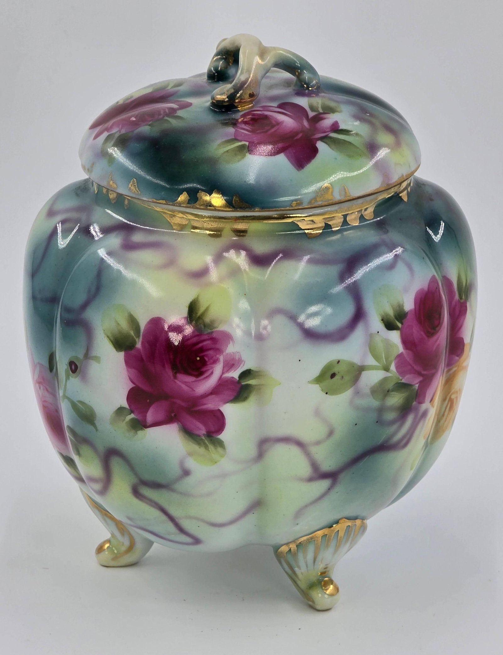 Nippon Footed Hand Painted Cracker or Biscuit Jar, INV. 1195: Approx. height to top of lid 8 1/4".
