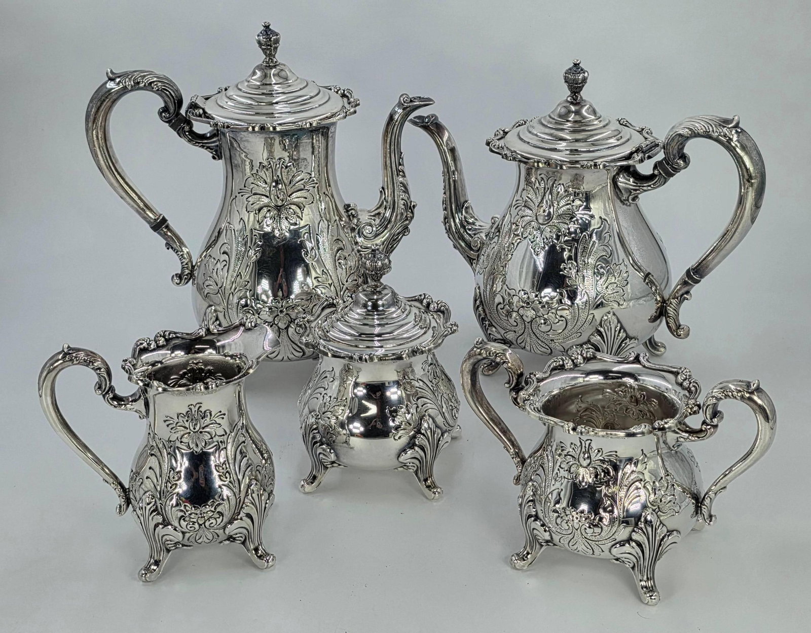 W & S Blackington Co. Set, Hand Chased, circa 1950, 6 pieces, INV. 1302: Tea Pot, Coffee Pot, Creamer, Sugar Bowl, Waste Bowl. With markings. Tallest approx. 10.5 x 9.5 inches.