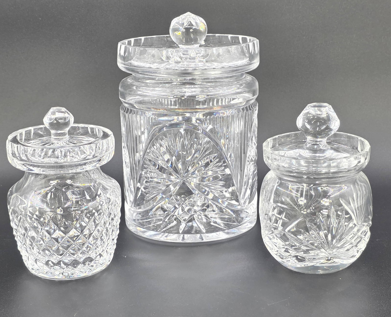 1 Crystal Biscuit Jar and 2 Crystal Jelly Jars, INV. 1231: Approx. height of biscuit jar to top of lid 7 1/4".
